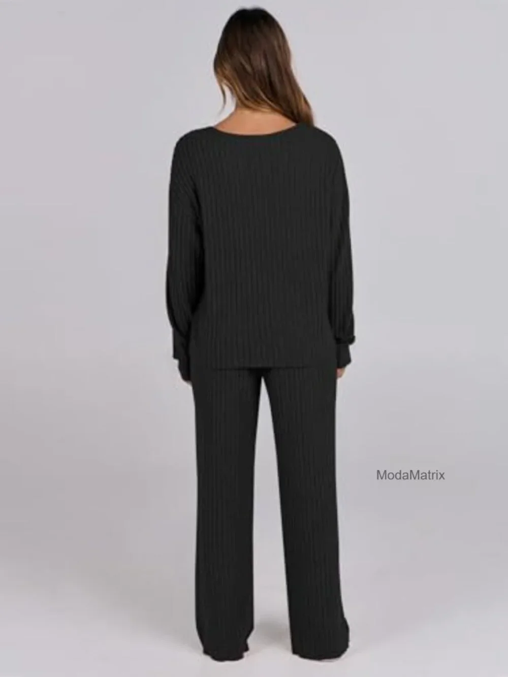 Women's 2-Piece Lounge Pajamas Set, Fleece-Lined Ribbed Knit, Long Sleeve, Wide